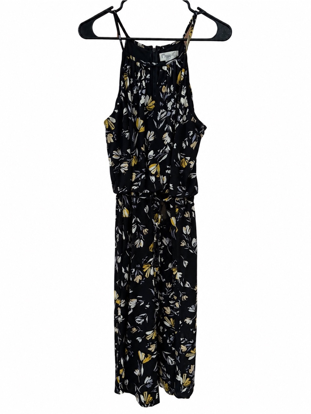 Maggy London Size 12 Floral Jumpsuit Black Yellow Wide Leg Sleeveless